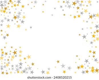 Fashionable silver and gold stars magic scatter background. Little starburst spangles birthday decoration elements. Cartoon stars magic design. Spangle symbols poster decor.