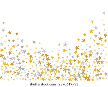 Fashionable plata y oro estrellas de fondo vectorial aleatorio. El pequeño estallido espanta partículas de decoración de vacaciones. La caricatura es un telón de fondo al azar. Explosión de confeti esparcido.