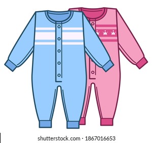 Fashionable and simple clothes for boys and girls. Isolated clothing for male and female newborn babies. Jumpsuits and bodysuits, pink and blue colors. Store with outfits assortment vector in flat