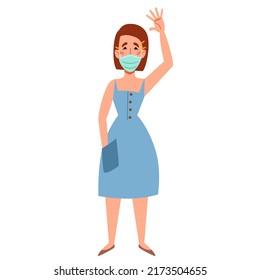 A fashionable skinny girl in a medical mask greets. Friendly greeting of a young woman.