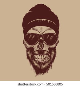 Fashionable skull with sunglasses,beard and hat.Street guy.Vector hand drawn illustration