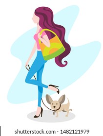 Fashionable slender girl with a bag on his shoulder walks with a small dog. Cartoon Flat Vector Illustration