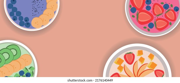 Fashionable Smoothie bowls for overlapping, flat vector stock illustration with healthy vegan food as copy space with space for text