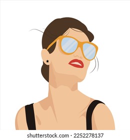 Fashionable smoth skin girl in glasses with red lipstick and dark hair on white background posing for photo.Model taking a photo.Cute asian girl face.Portrait of a woman for concept design. Vector