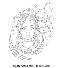 Fashionable space girl. Starry sky, planets, galaxy. Coloring book. Vector illustration