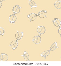 Fashionable spectacles monochrome seamless pattern. Cat points, cat glasses, circle and oval shape eyeglasses. Contour vector illustration on yellow background.