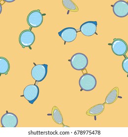 Fashionable spectacles seamless pattern. Cat points, cat glasses, circle and oval shape eyeglasses. Colorful vector illustration on yellow background.