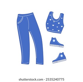Fashionable sportswear and footwear collection. Sports suit, sneakers for running and training. Trousers and T-shirt. Set of accessories. Vector illustration, isolated background.