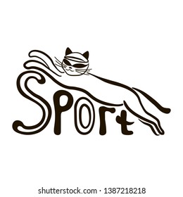 Fashionable, sporty cat in a jump.  Text sport. Sports and health concept. Symbol, icon, sign.