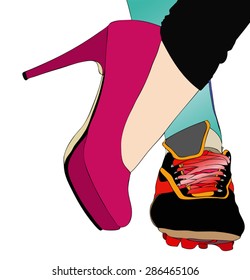 A fashionable sporty - Symbolic illustration depicting a woman torn between sport and elegance
