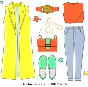 Fashionable spring and summer outfit for trendy woman girl, Vector, Illustration