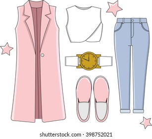 Fashionable spring and summer outfit for trendy woman girl, Vector, Illustration