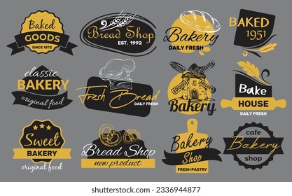 Fashionable sticker for bread product, vector illustration. Vintage mill label lettering bakery. Chef's hat logo, fresh bread. Promotional label for premium bakery products. Advertising brand layout.