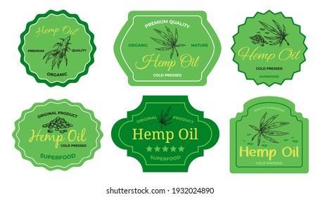 Fashionable sticker with the inscription hemp oil, set vector illustration on a green background. Baner is an original hemp product. Creative label medical cannabis root and seed leaf