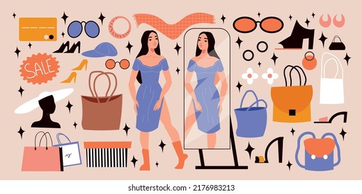 Fashionable store big set with clothes flat isolated vector illustration