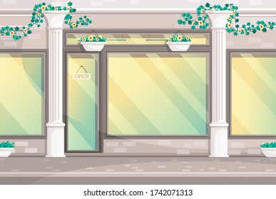 Fashionable store with columns and with open nameplate on doors. Outdoor design of expensive shop. Hanging pots with flowers and curly ivy decorated facade. Welcome to shop. Cartoon illustration