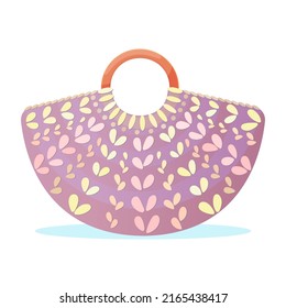Fashionable Straw Beach Bag vector illustration. Colorful stylish summer tote isolated on white background.