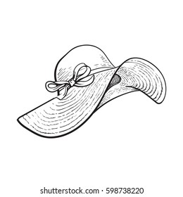 Fashionable straw hat with wide flaps, summer vacation attribute, sketch black and white vector illustration isolated on white background. Hand drawn floppy straw hat, symbol of summer vacation