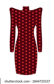 Fashionable stylish dress for women. High shoulders with long sleeves. Red polka dots print on a dark red background. Template for design and modeling of clothes.
