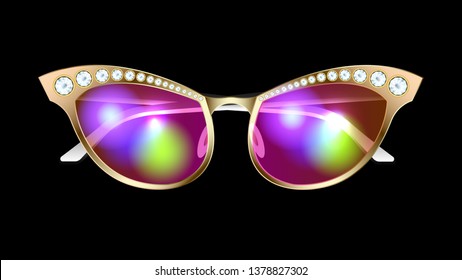 Fashionable, stylish, glamour realistic gold sunglasses with diamonds isolated on a black background. Front view. Horizontal detailed vector, illustration