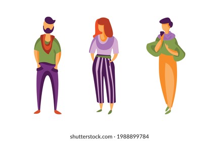 Fashionable Stylish People Set, Men and Women Dressed Trendy Clothing Cartoon Vector Illustration