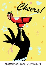  fashionable stylish poster illustration depicting a stylized female hand in a black glove and with a glass of cocktail and with firework splashes.For a holiday,decoration,advertisement,menu, 