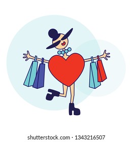 A fashionable, stylish, stylized young girl for a Heart suit with packages from stores rejoices in shopping for a background of liquid translucent forms. Flat modern minimalistic design. Vector.