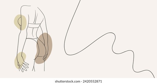 Fashionable stylish templates with line art woman body with abstract yellow shapes, and lines in pastel colors. Neutral background in a minimalist style. Modern vector illustration