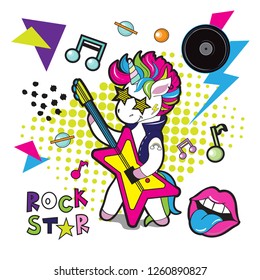 Fashionable stylish unicorn with a guitar, lips, musical record and the inscription rock star. Pop Art concept