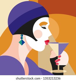 Fashionable stylish woman drinking wine. Modernist style woman in a hat with stylish headdress. Modernism style art. Geometric shapes art.