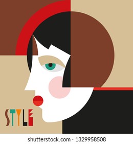 Fashionable stylish woman. Modernist style woman head with stylish headdress. Modernism style art. Geometric shapes art.