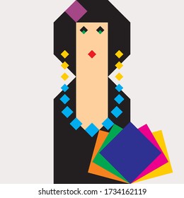 Fashionable stylish woman. Modernist style woman. Modernism style art. Simple geometric forms design. Rhombus art. Geometric drawing female.