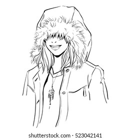Fashionable stylish woman in winter clothes. She is wearing warm parka and big hood. Hand drawing vector illustration with black line art. Monochrome illustration