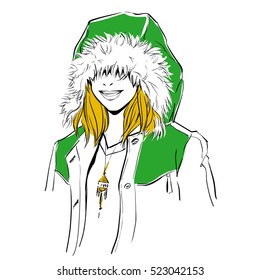 Fashionable stylish woman in winter clothes. She is wearing warm parka and big hood. Hand drawing vector illustration with black line art.