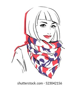 Fashionable stylish woman in winter clothes. She is wearing warm parka and big scarf on her neck. Hand drawing vector illustration with black line art.