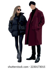 Fashionable and stylish young couple in flat style isolated on white background. Beautiful guy and girl in warm clothes.