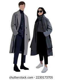 Fashionable and stylish young couple in flat style isolated on white background. Beautiful guy and girl in warm clothes.