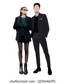 Fashionable and stylish young couple in flat style isolated on white background. Beautiful guy and girl in warm clothes.