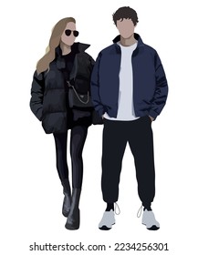 Fashionable and stylish young couple in flat style isolated on white background. Beautiful guy and girl in warm clothes.