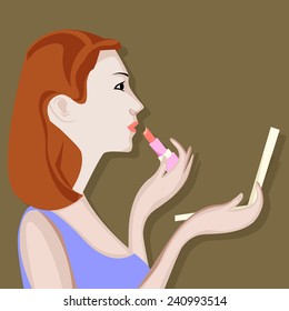 Fashionable stylish young woman applying lipstick and holding hand mirror on stylish background.