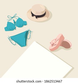 Fashionable summer beach set of swimsuit, hat and beach slippers. Vector flat illustration.
