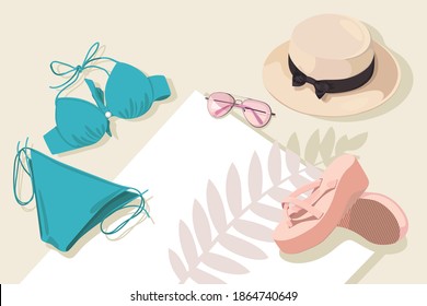 Fashionable summer beach set of swimsuit, hat, sunglasses and beach slippers. Vector flat illustration.