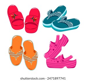 Fashionable summer, beach shoes, flip flops. Collection of vector designs for advertising content