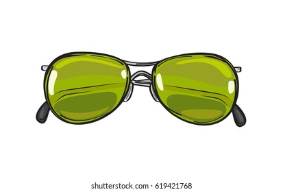 Fashionable sunglasses with green lenses isolated on background. Glamorous hipster spectacles for modern and elegant summer and spring looks. Vector illustration of trendy glasses.