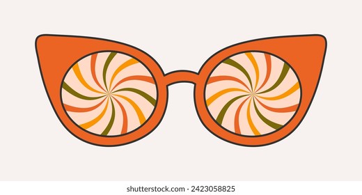 Fashionable sunglasses in groove style, carton. Retro accessory on a light background, hippie, 1970s. Various trippy patterns in glass, spiral.
