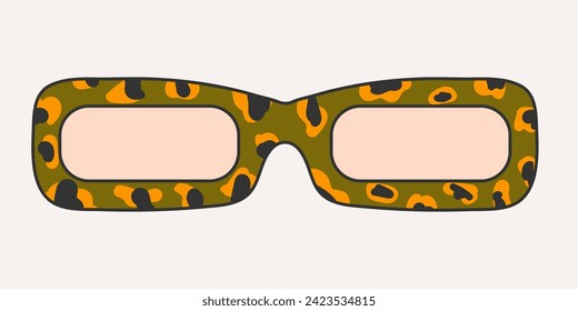 Fashionable sunglasses in groove style, carton. Retro accessory on a light background, hippie, 1970s. Various trippy patterns in the glass, leopard print.