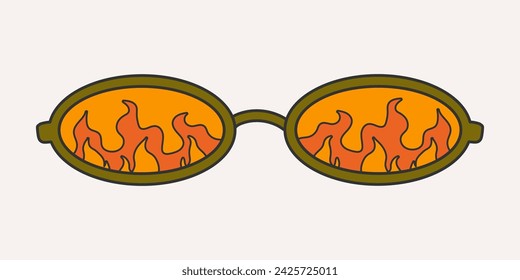 Fashionable sunglasses in groove style, carton. Retro accessory on a light background, hippie, 1970s. Various trippy patterns in glass, fire.