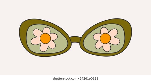 Fashionable sunglasses in groove style, carton. Retro accessory on a light background, hippie, 1970s. Various trippy patterns in glass, daisies.