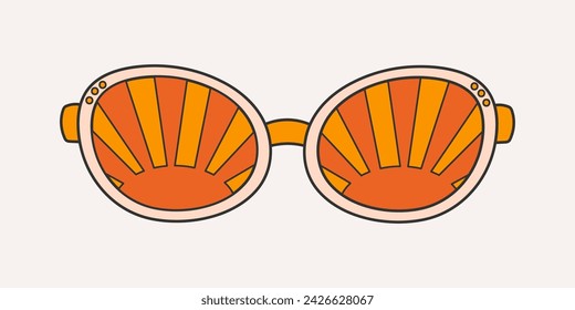 Fashionable sunglasses in groove style, carton. Retro accessory on a light background, hippie, 1970s. Various trippy patterns in glasses, sun.
