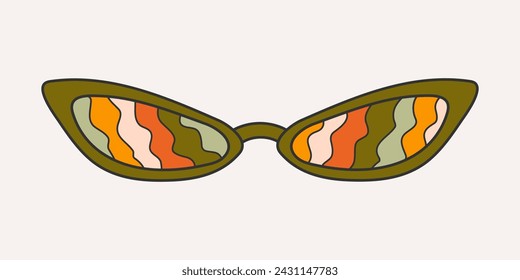 Fashionable sunglasses in groove style, carton. Retro accessory on a light background, hippie, 1970s. Various trippy patterns in glasses, waves.